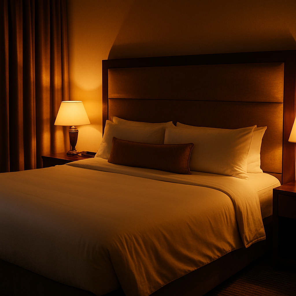 warm-lit hotel room with a made king bed and bedside lamp
