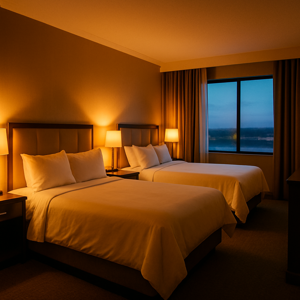 bright hotel room with two made beds and window light